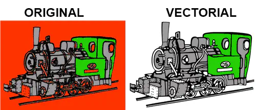 Comparativa de imagen original y vectorial: dibujo de tren infantil.