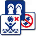Pictogramas para señalizar piscinas y playas. Símbolos de seguridad en entornos acuáticos.