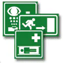 Pictogramas de evacuación vectorizados. Señales de salida de emergencia y rutas de escape.